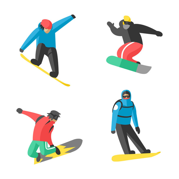 Snowboardzista skakać w inną stanowią ludzie wektor. - Wektor, obraz