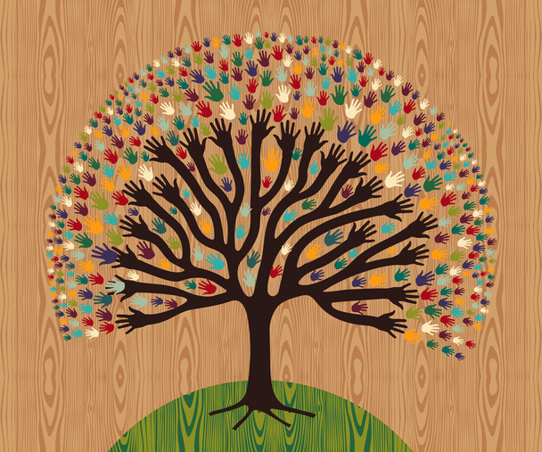Diversity Tree hands over wooden pattern - Vetor, Imagem