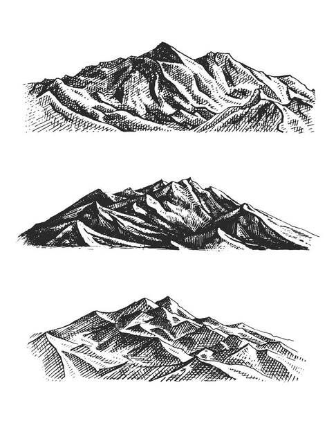 grande serie di cime montuose, vintage, vecchio stile disegnato a mano, schizzo o inciso, diverse versioni per escursioni, arrampicata
. - Vettoriali, immagini