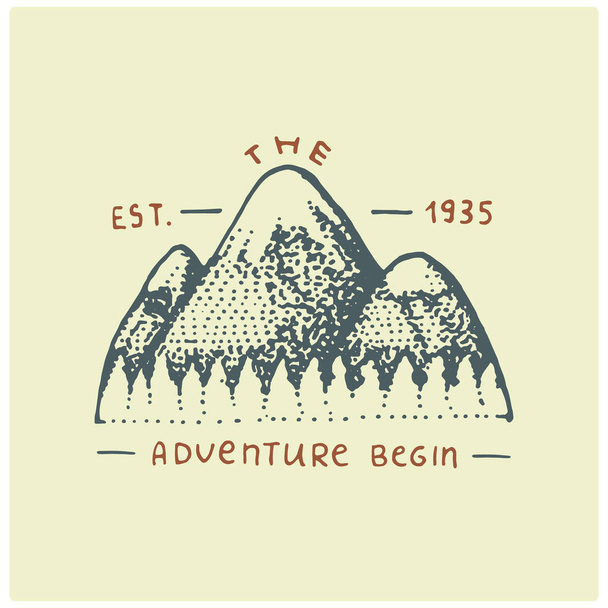 гравірований старовинний логотип з горами в руці намальований, стиль ескізу, старий ретро значок для національних парків і кемпінгу, альпійська та пішохідна тема
 - Вектор, зображення