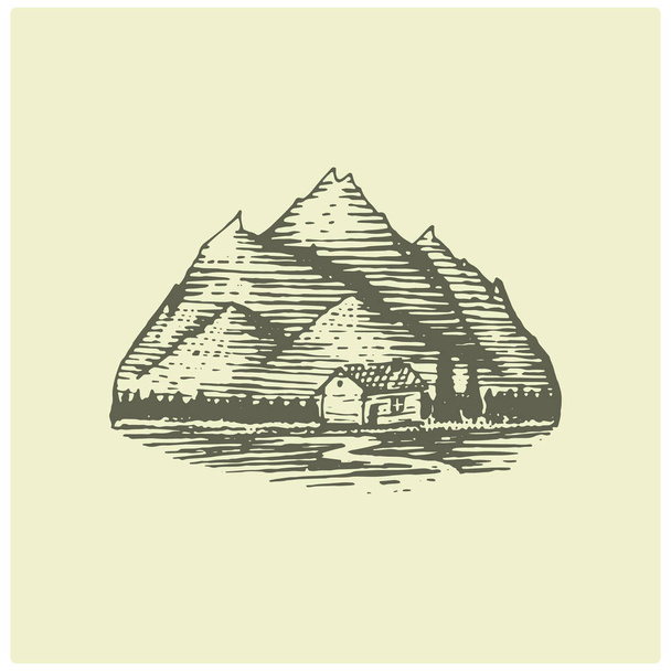 山に刻まれたビンテージ ロゴ手描き、スケッチ スタイル、古いレトロなバッジは国立公園やキャンプ場、高山とハイキングのテーマを探して - ベクター画像