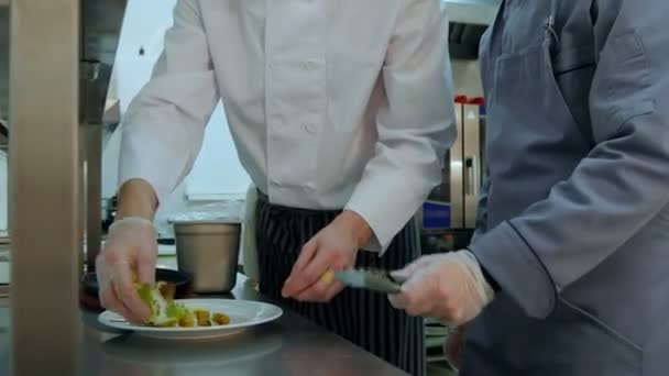 Head chef showing his assistant how to serve the salad - Footage, Video
