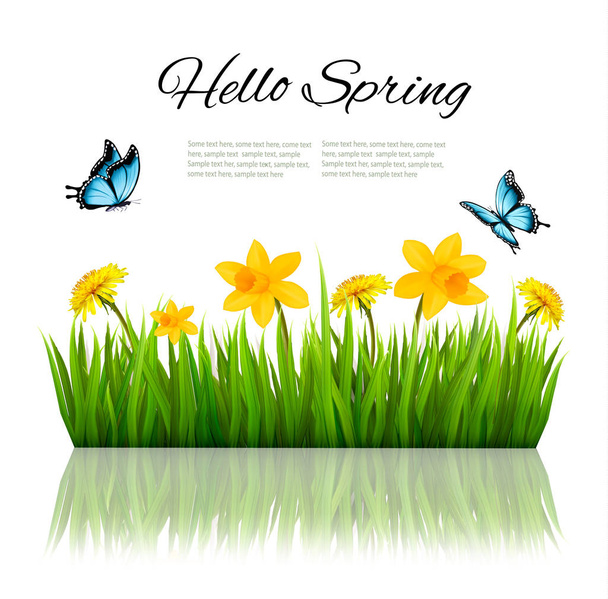 Fondo de la naturaleza de primavera con hierba verde, flores y una mariposa. Vector
.  - Vector, Imagen