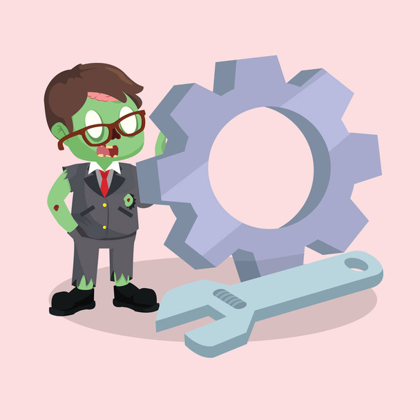 zombie businessman with giant gear and wrench - Vector, imagen