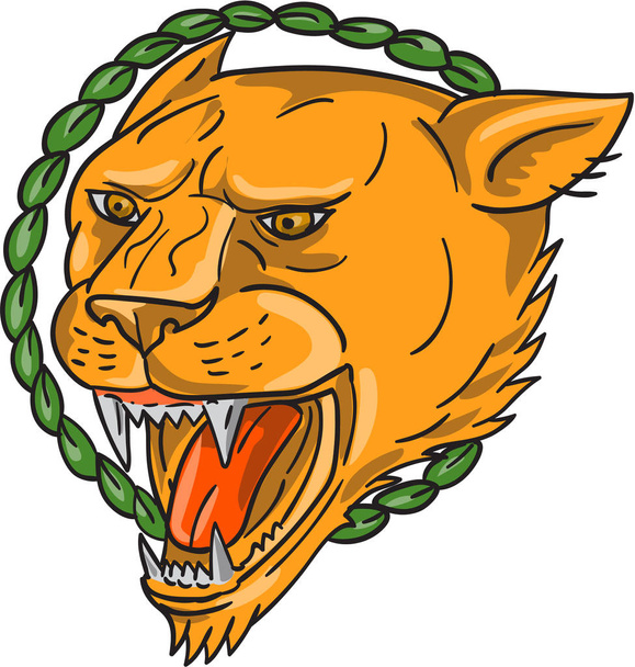 Lioness Growling Ring Leaves Tattoo - Vector, Image