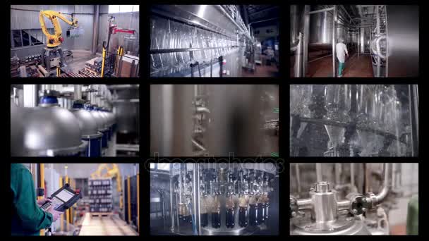 Produktionslinie für kohlensäurehaltige Getränke. Multiscreen-Montage. industrieller Hintergrund. - Filmmaterial, Video