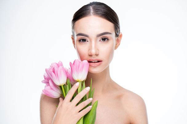 Woman with pink tulips bouquet - Photo, Image