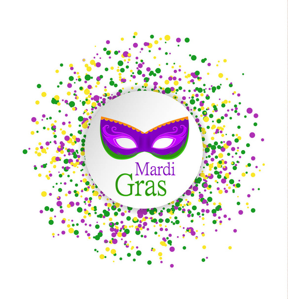 Mardi Gras patrón abstracto hecho de puntos de colores sobre fondo blanco con máscara de color en círculo en centro.Confiti amarillo, verde y púrpura para el fondo de carnaval, elemento de diseño. Ilustración vectorial
 - Vector, imagen