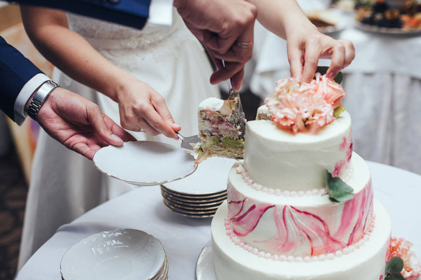 bride and groom cut rustic wedding cake on wedding banquet with  - Valokuva, kuva