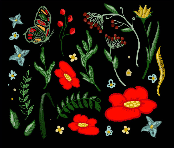 flowers embroidery vector for textile design elements - Vector, Image