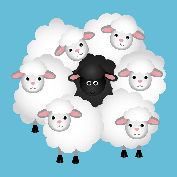 Černé ovce v davu bílé ovce - Vektor, obrázek