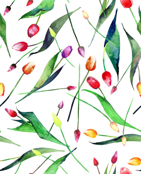 Bright beautiful vertical seamless pattern of tulips multicolored flowers watercolor hand illustration - Photo, image