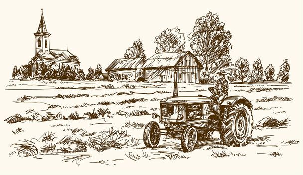 Трактор, що збирає стовбур сіна в полі. Рука намальована вектор ігуа
 - Вектор, зображення