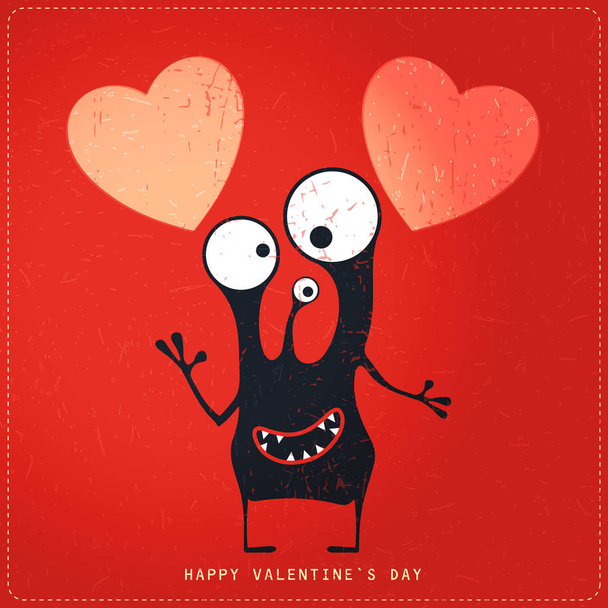 Cute Monster with emotions and hearts on retro red grunge background.  - Vektor, kép