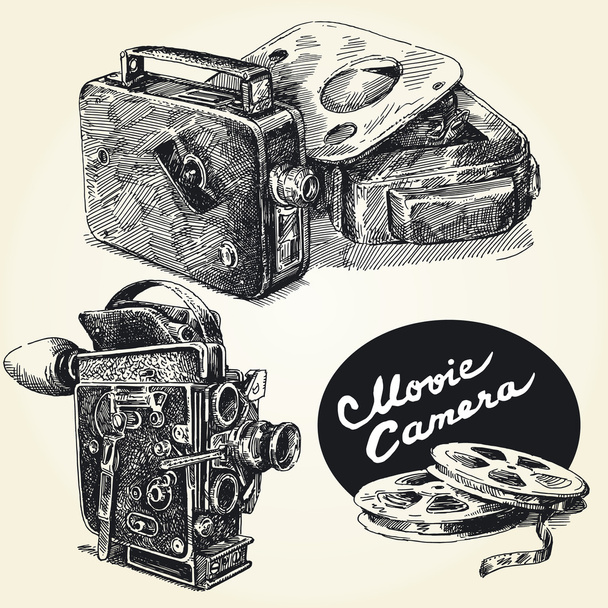 Vintage Film Kameralar-orijinal el çekilmiş koleksiyonu - Vektör, Görsel