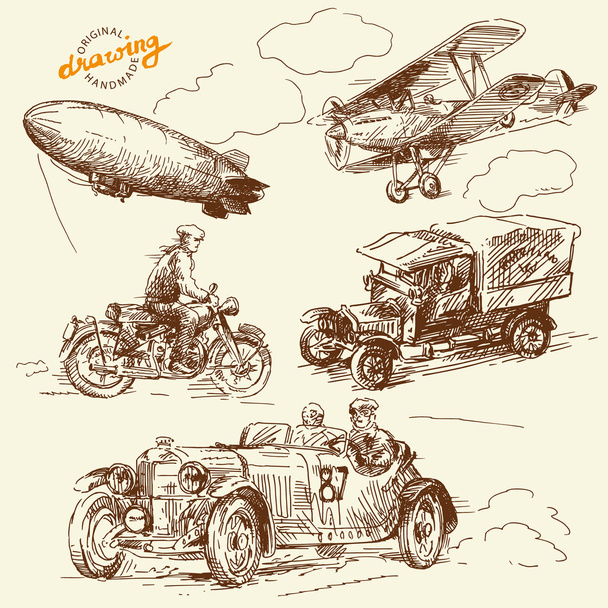 Old times vehicles-handmade drawing - Vector, Image
