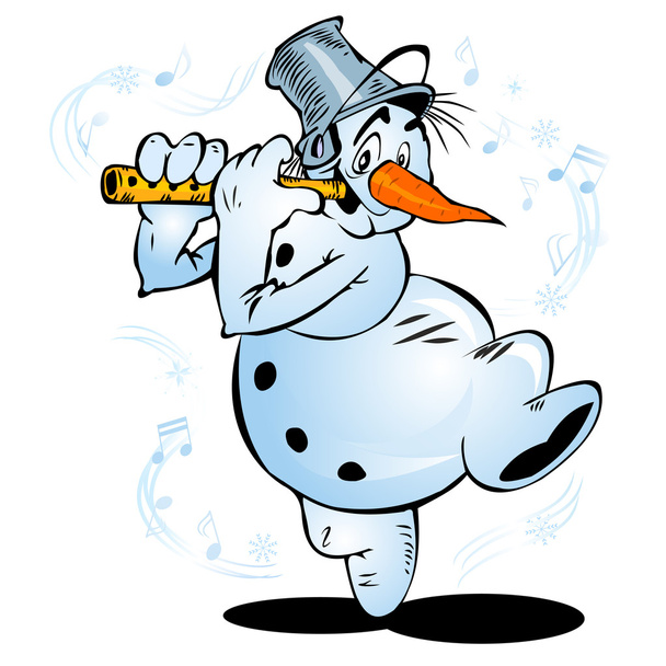 Alegre muñeco de nieve bailando toca la flauta
 - Vector, imagen