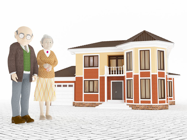 Casal de desenhos animados sênior em pé na frente da casa grande, conceito de aposentadoria
 - Foto, Imagem