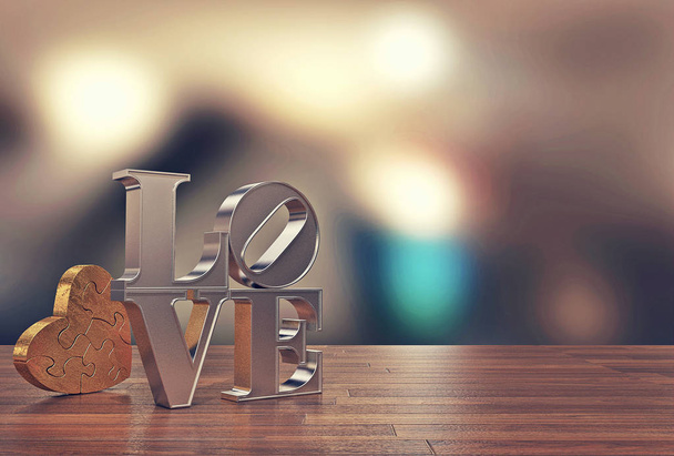 Love message with heart jigsaw and blur background for Valentine's day, 3D rendering - Photo, Image