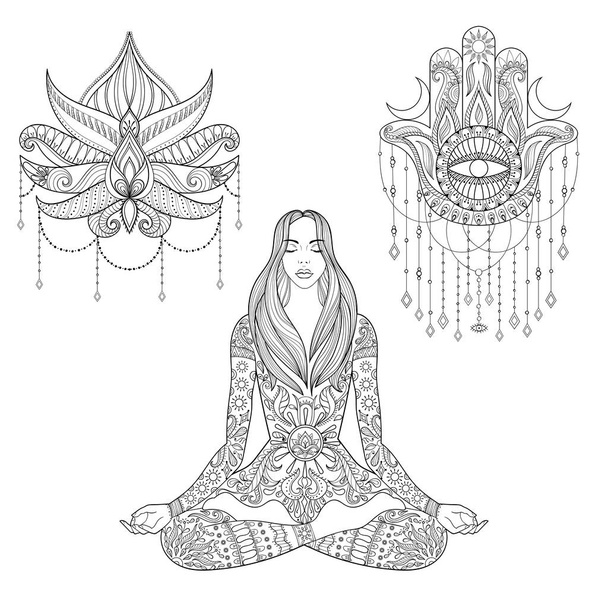 Woman sitting in lotus position, hamsa hand, flower tattoo desig - Vector, Image