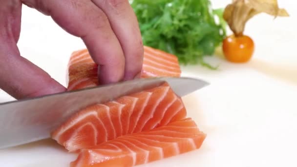 Sushi Chef szeletek Nigiri lazac Steak stílus - Felvétel, videó
