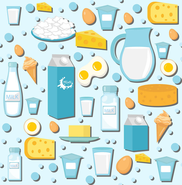 Dairy products seamless pattern with milk, cheese. Dairies background, texture, paper. Vector illustration. - Vector, Image