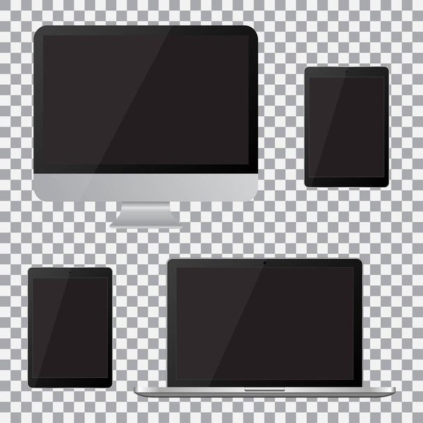 Set aus realistischem Computermonitor, Laptop, Tablet mit leerem schwarzen Bildschirm. verschiedene moderne elektronische Geräte auf isoliertem Hintergrund - Vektor, Bild