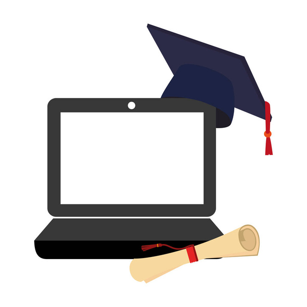 portátil de tecnología con certificado de graduación y casquillo de graduación
 - Vector, imagen