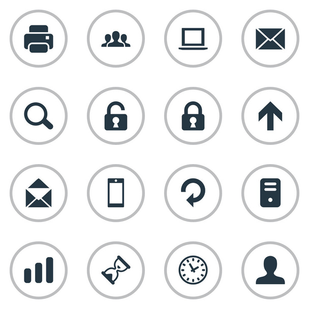 Set Of 16 Simple Application Icons. Can Be Found Such Elements As Upward Direction, Community, Computer Case And Other. - Vector, Image
