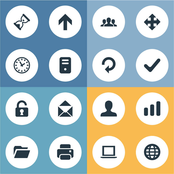 Conjunto de 16 iconos de aplicaciones simples. Se pueden encontrar elementos tales como sobre, candado abierto, temporizador de arena
. - Vector, imagen
