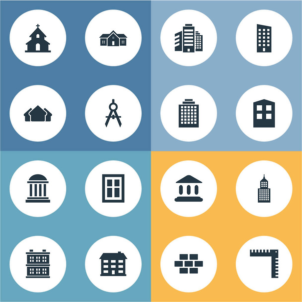 Conjunto de 16 iconos de estructura simple. Se pueden encontrar elementos tales como Academia, Construcción, Oficinas y Otros
. - Vector, imagen