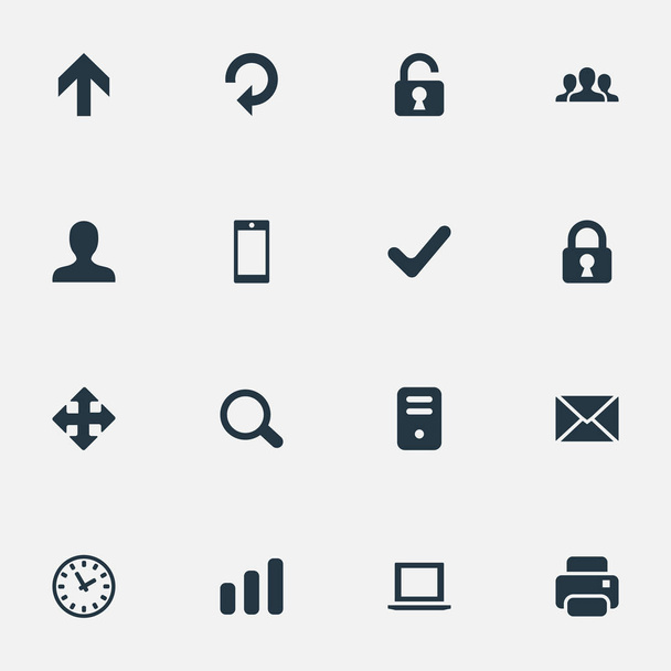 Set Of 16 Simple Apps Icons. Can Be Found Such Elements As Magnifier, Computer Case, Upward Direction And Other. - Vektor, kép