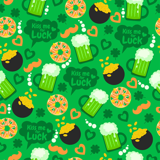 Kiss me for Luck. Happy St. Patrick's Day. Funny holiday pattern with green beer, money, donuts, clover, hearts and mustache.  - Vector, Image