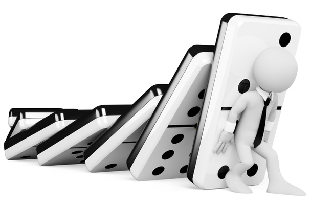 Branco de negócios 3D. Parando uma reação em cadeia de dominós
 - Foto, Imagem