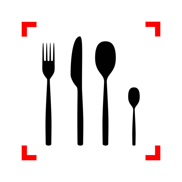 Cuchara de tenedor y cuchillo. Icono negro en esquinas de enfoque en blanco
 - Vector, Imagen