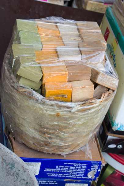 Collection of bars of hand made organic soap  in a basket - Photo, Image