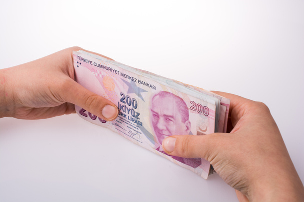 Χέρι που κρατά στο χέρι τραπεζογραμμάτια σε λίρες Τουρκικά - Φωτογραφία, εικόνα