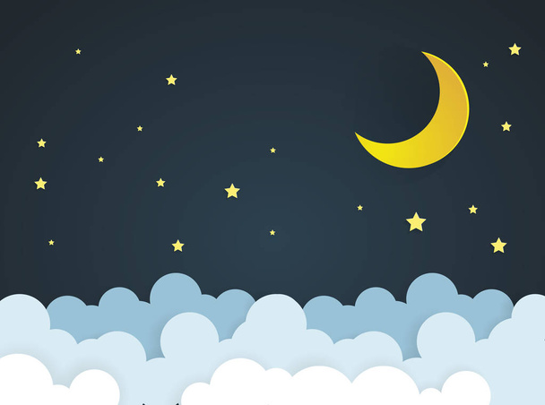 moon and stars in midnight .paper art style - Vetor, Imagem