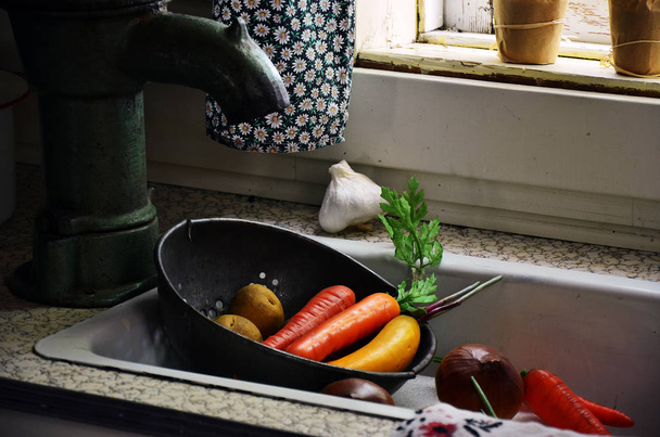 Vintage Kitchen Sink instelling - Foto, afbeelding