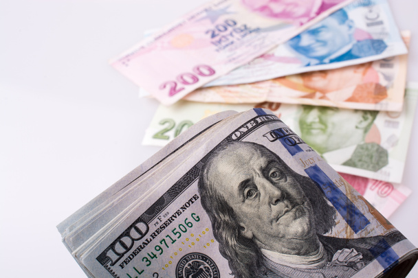 Американський долар банкноти і Turksh ліра банкнот поруч - Фото, зображення