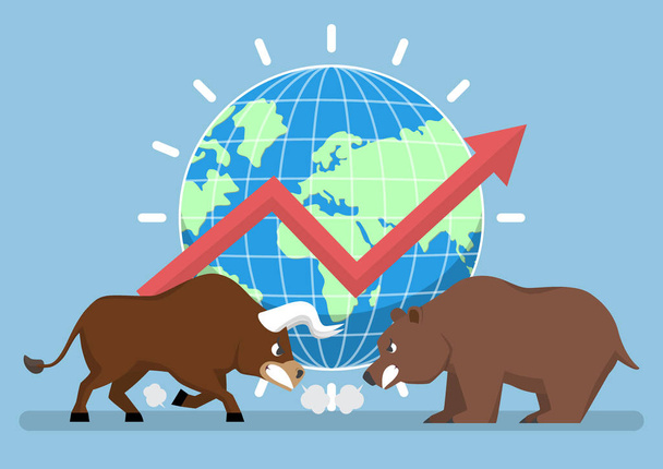 Bull en bear met wereld en grafiek op achtergrond - Vector, afbeelding