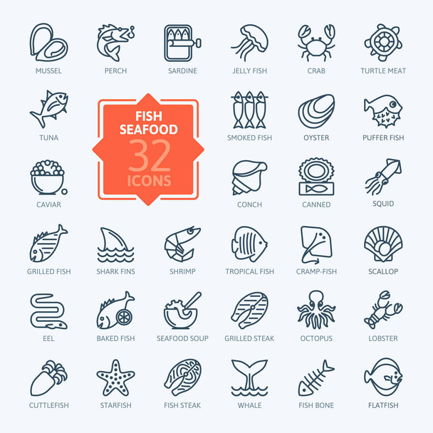 Fish and seafood - outline icon collection, vector - Vector, Image