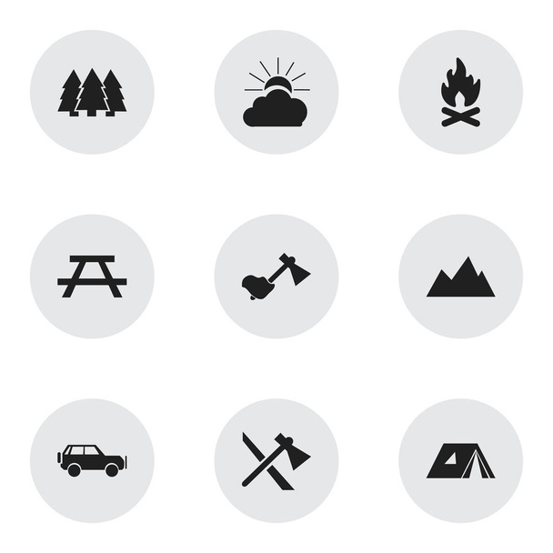 Set von 9 editierbaren Reisesymbolen. beinhaltet Symbole wie Schreibtisch, Fieber, Sonnenaufgang und mehr. kann für Web-, Mobil-, UI- und Infografik-Design verwendet werden. - Vektor, Bild