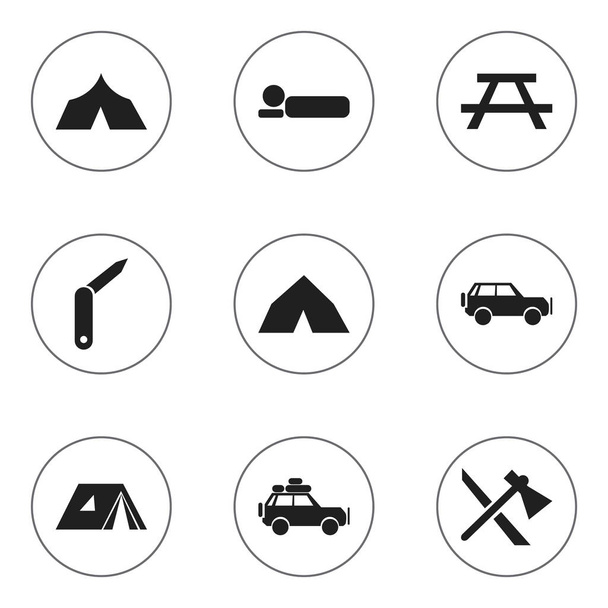 Conjunto de 9 ícones de viagem editáveis. Inclui símbolos como Tepee, Sport Vehicle, Tomahawk e muito mais. Pode ser usado para Web, Mobile, UI e design infográfico
. - Vetor, Imagem