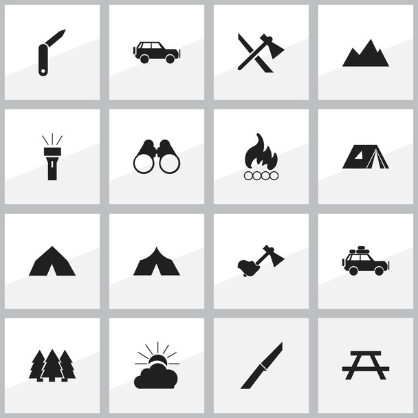 Conjunto de 16 iconos de viaje editables. Incluye símbolos como gafas de campo, escritorio, corchete-cuchillo y más. Puede ser utilizado para el diseño de la tela, móvil, interfaz de usuario e infografía
. - Vector, Imagen