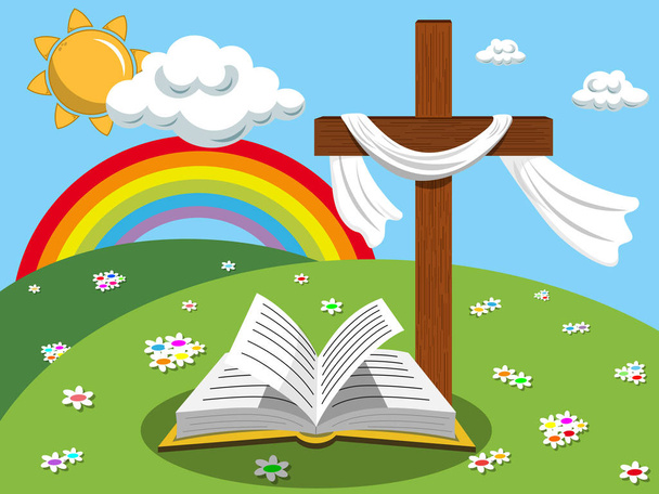 Pascua fondo cruz abierta Biblia evangelio prado
 - Vector, Imagen