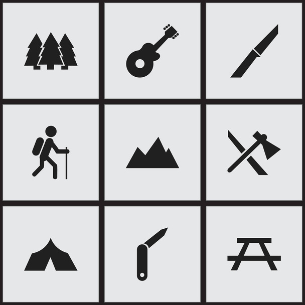 Ensemble de 9 icônes de voyage modifiables. Comprend des symboles tels que Tomahawk, pic, démarche et plus encore. Peut être utilisé pour le Web, mobile, interface utilisateur et infographie
. - Vecteur, image