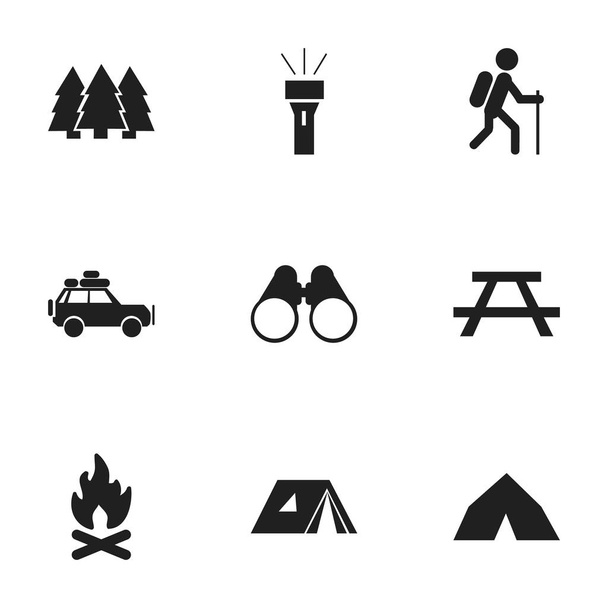 Készlet 9 szerkeszthető utazás ikonok. Asztal, lámpa, mező szemüveg, és szimbólumokat tartalmaz. Lehet használni a Web, mobil, Ui és Infographic Design. - Vektor, kép