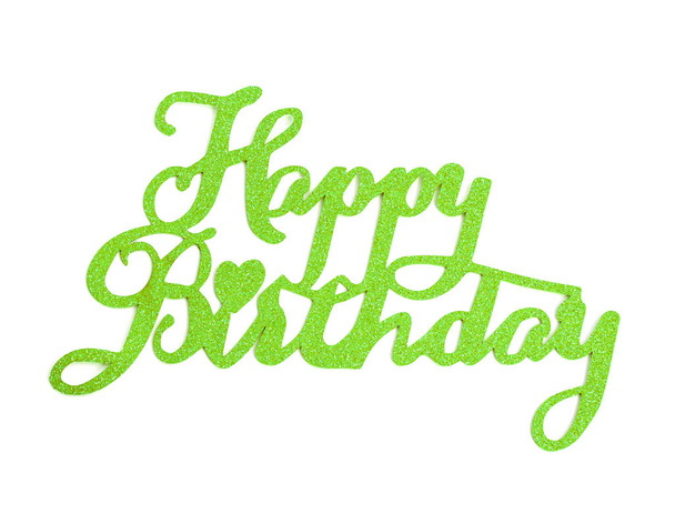 Χαρούμενα γενέθλια χέρι γράμματα με ισχύ glitter πράσινο, απομονώνονται σε λευκό φόντο. - Φωτογραφία, εικόνα