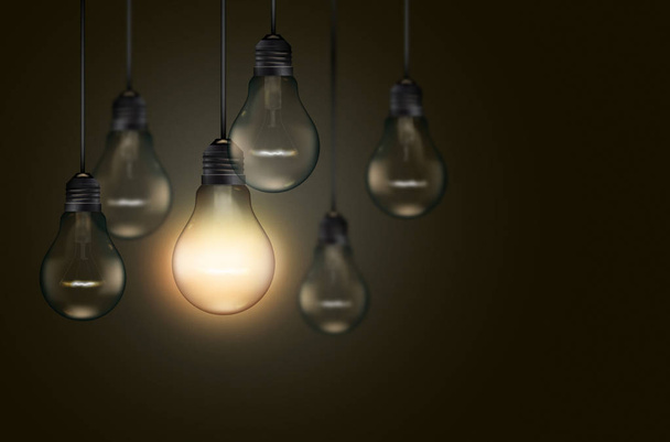 Set of hanging realistic bulbs on dark background - Фото, зображення